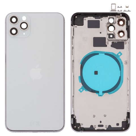 Housing compatible with iPhone 11 Pro Max, silver, with SIM card holders, with side buttons, matte silver 