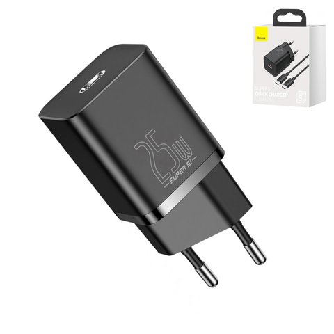 Mains Charger Baseus Super Si, 25 W, Quick Charge, black, with cable USB type C to USB type C, 1 output  #TZCCSUP L01