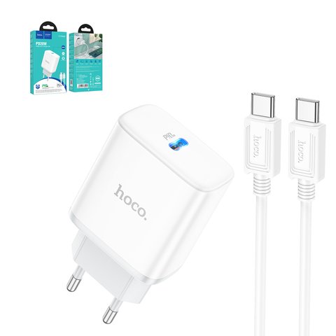 Mains Charger Hoco C104A, 20 W, Power Delivery PD , white, with cable USB type C to USB type C, 1 output  #6931474782915
