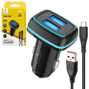 Автомобильное зарядное устройство SkyDolphin SZ18V, черное, с подсветкой, с micro USB кабелем тип В, 15 Вт, 3,4 А, 2 порта